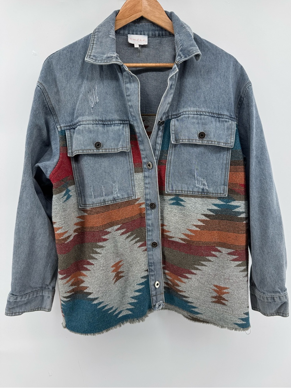 entro Denim Oversized Western Jacket with Aztec Knit Panels Women's Size Medium